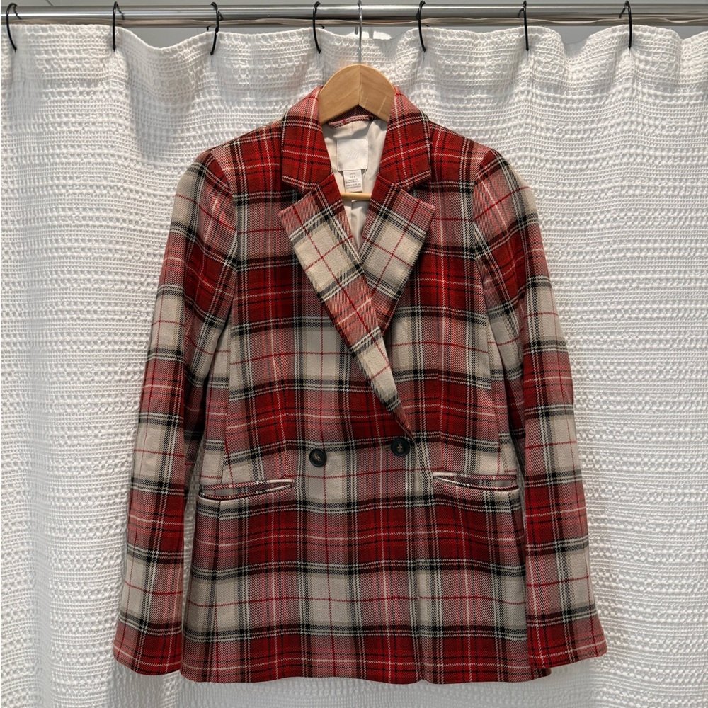 H&M Red and Gray Plaid Blazer
